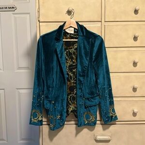 Anthropologie Bright Teal Moon Velvet Blazer with Gold Details